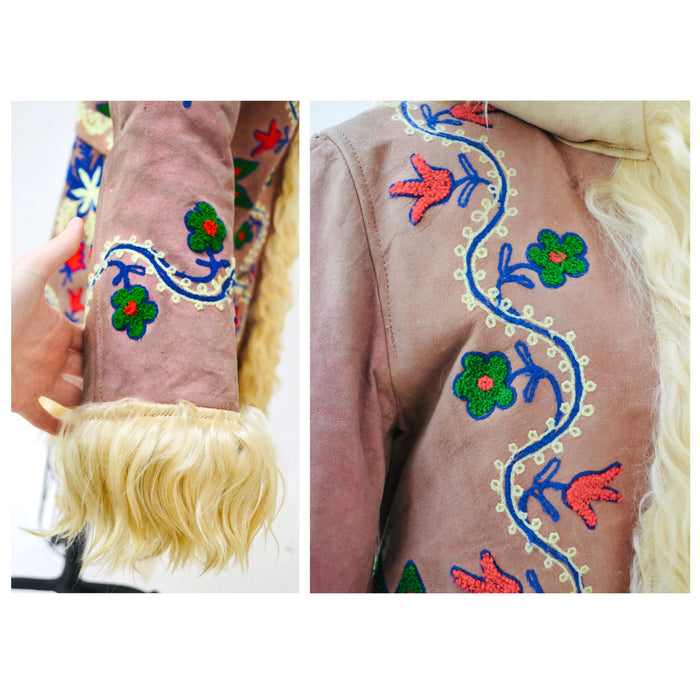 Vintage Embroidered Shearling Afghan Jacket Coat Small Medium//  70s Shearling Coat Embroidered Sheepskin Fur Boho Afghan Jacket By Yaqub