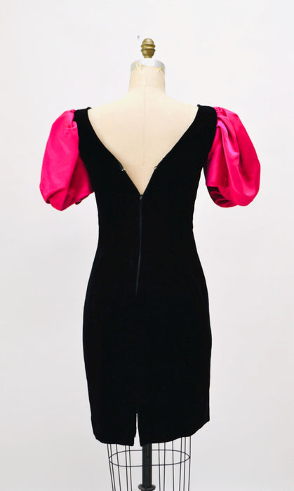Vintage Black Pink 80s Prom Party Dress // Vintage 80s Party Pink Barbie Costume Dress Small Medium Black Velvet Pink Poof Sleeve Dress