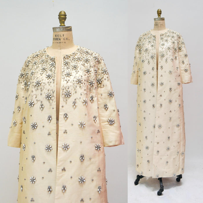 60s Vintage Cream Silver Pearl Beaded Wedding Party Jacket Medium 60s Wedding Opera Evening Jacket Coat White Cream Beaded Jacket Ruth Roman
