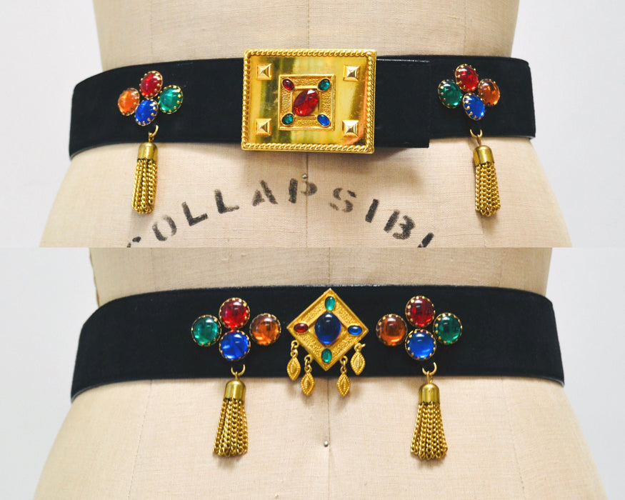 80s 90s Vintage ESCADA Black Gold Gemstone Belt Metallic Chain Fringe Black Leather Belt size 42 Medium Large 80s Glam Wide Black Gold Belt