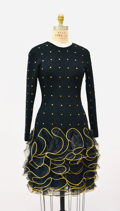 80s 90s Vintage Black Dress Long Sleeve Knit Ruffle Studded Dress XS Small// Black Knit Studded Dress By Lillie Rubin Long Sleeve XS Small