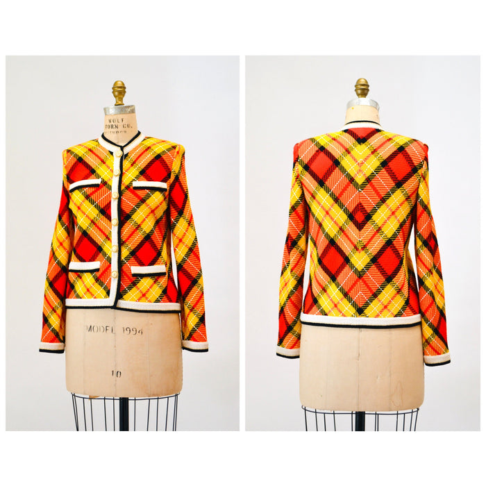 80s 90s Vintage St. John Collection Yellow Plaid Sweater Cardigan Jacket Yellow Black Red Gold Plaid Knit Jacket Small Cardigan St John