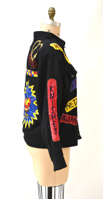 Vintage Sequin Jacket Black with Hot dog Carnival Junk Food Large// Vintage Black Sequin Jacket Carnival Coney Island Comic Pop Art By Modi