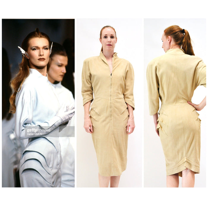 80s 90s Vintage Thierry Mugler Leather Dress Spring Summer 1989 Thierry Mugler Paris Tan Sueded Leather Dress Small Medium 24 Woman Dress
