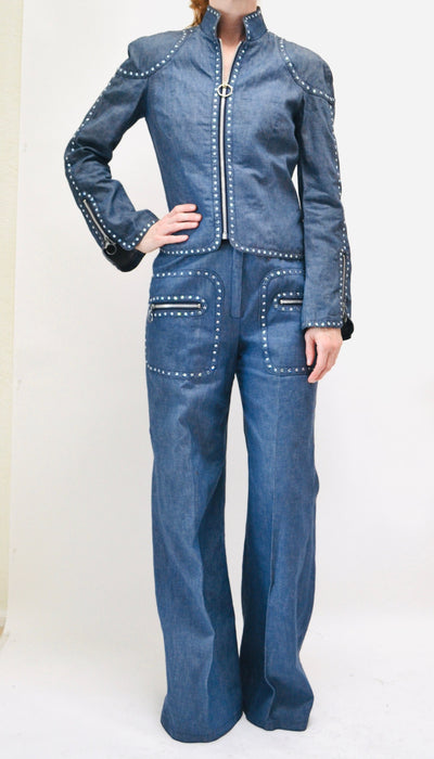 70s Authentic Vintage Rhinestone Denim Jacket shirt Bell Bottom Jeans Pants Set Medium Large by Ayako