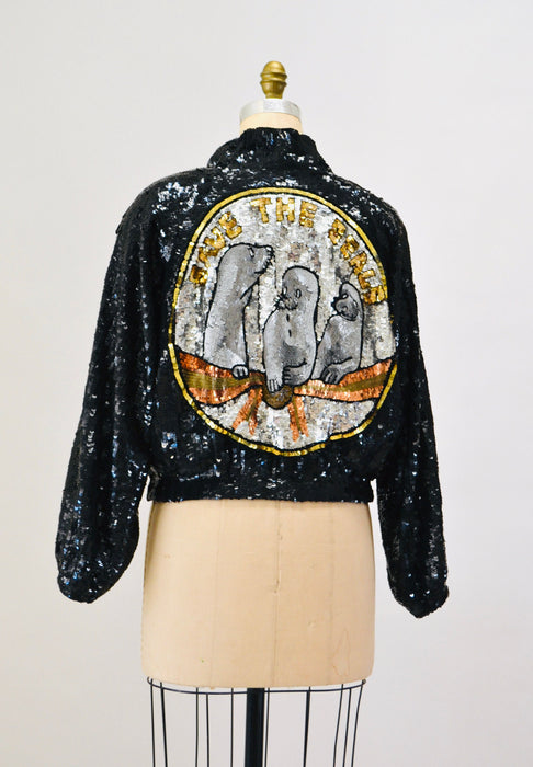 Vintage Sequin Jacket by Modi Seal Save The Earth Day Sustainable Fashion // 80s Glam Vintage Black Sequin Jacket Animal Lover Jacket