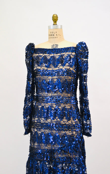 Vintage 80s 90s Lace Sequin Dress Metallic Blue  Sheer Long Sleeve Sequin lace Sequin Dress // 80s Vintage Black Metallic Lace Barbie Dress