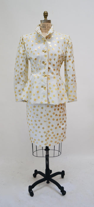 80s Vintage White Gold Polka Dot Leather Jacket and Skirt Set Jacket Lillie Rubin Medium Large 80s Glam Wedding Leather Suit Jacket Skirt