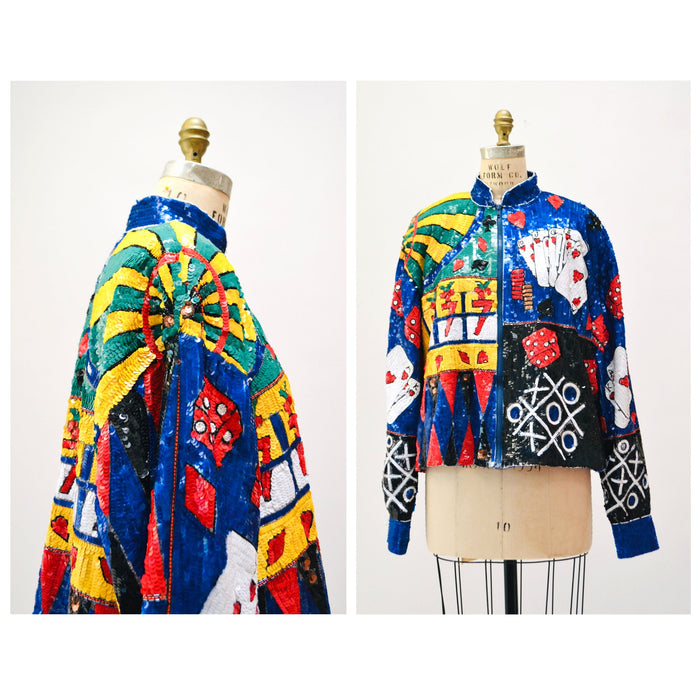 80s 90s Vintage Las Vegas Casino Sequin Jacket Large by JUST FABULOUS Cards Slot Machine Poker Las Vegas Pop Art Beaded Sequin Jacket Large
