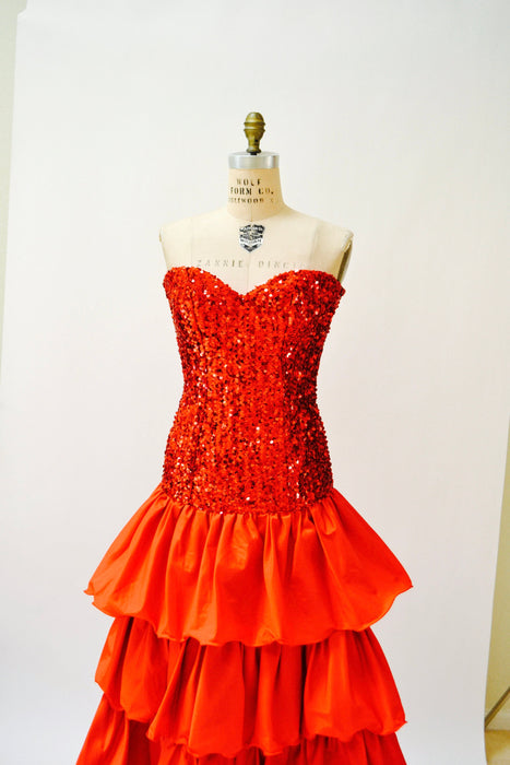 Vintage Red 80s Party Prom Dress Sequin Evening Gown Strapless Red XS Small// 80s Prom Pageant Dress Red Sequins Strapless Gown XS Small