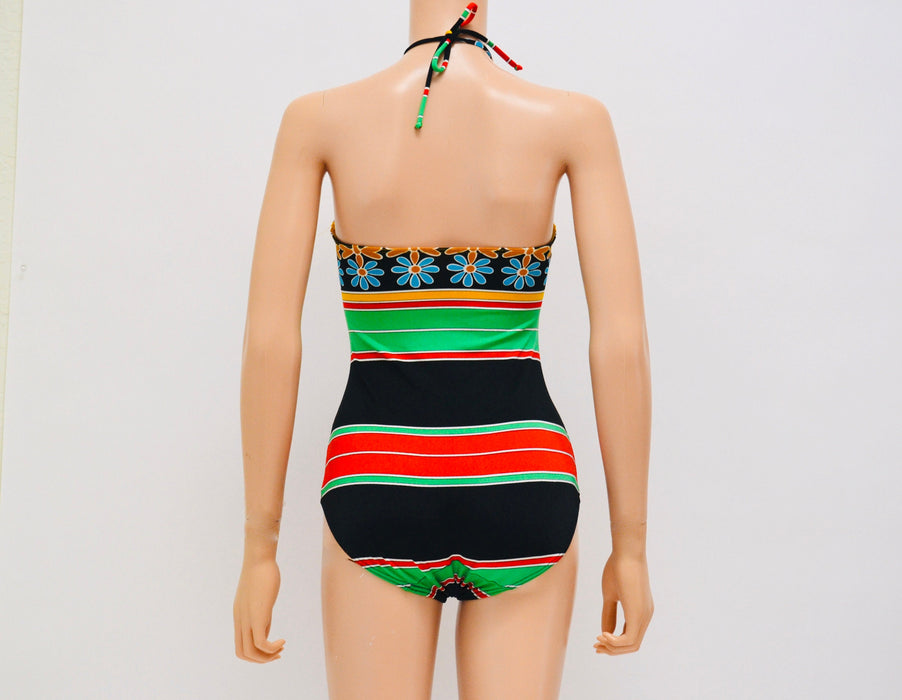 Vintage 70s 80s Swimsuit XS SMALL one Piece Halter neck Strapless Swimsuit Striped Floral Print Red Yellow Black Swimsuit Saks Fifth Avenue