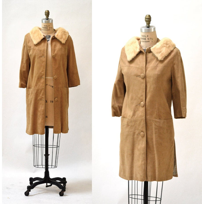 60s Vintage Suede Leather Jacket Coat Fur Collar Small Tan Camel Brown Leather Jacket // Vintage Leather Jacket Tan Brown Medium Mink Fur