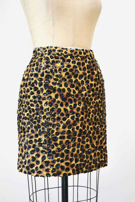 90s Vintage Metallic Sequin Skirt Size Small Animal Leopard Cheetah Print By Jeanette // 90 Vintage Black Sequin Party Skirt Size Small