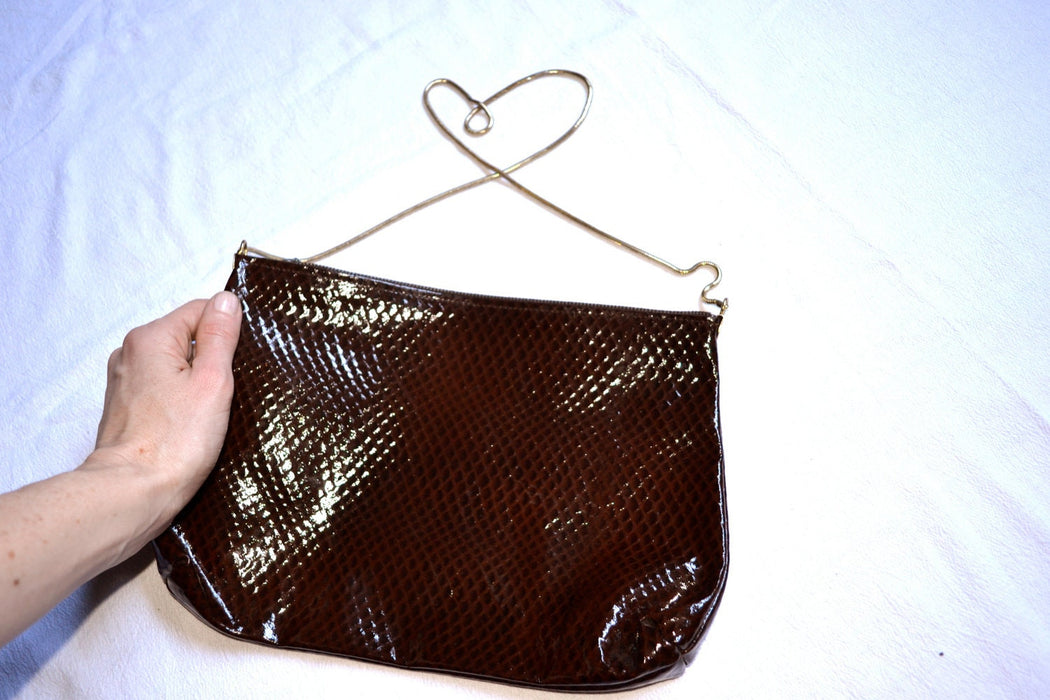 Vintage Brown Leather Purse Bag Patent Leather Clutch Snakeskin// Vintage Patent Leather Bag Handbag Purse In Brown Snake skin Python