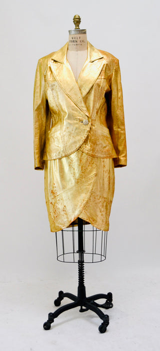 80s 90s Vintage Gold Metallic Rhinestone Leather Suit Jacket Skirt Set Lillie Rubin Medium Large 80s Glam Gold Studded Leather Jacket Skirt