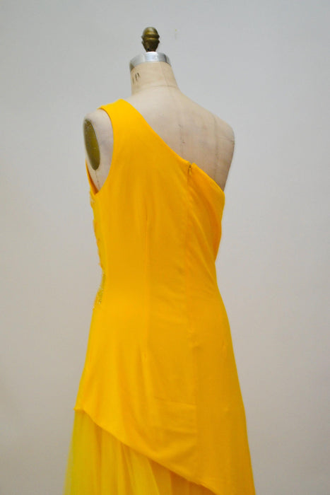 Vintage 00s Y2K Tank Dress Knit Beaded Yellow Sheer Dress Large XL// Yellow Beaded Dress Salsa Sexy One shoulder Asymmetrical Club Dress XL