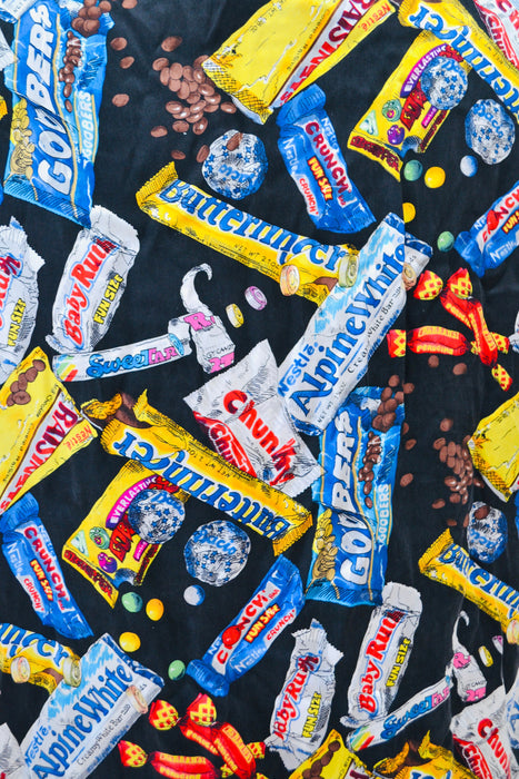 90s Vintage Nicole Miller Silk Shirt Size Large with Chocolate Candy Bar Food Print// 90s Pop art Conversational Print Silk Shirt