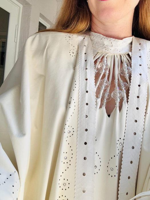 70s 80s Vintage White Leather Fringe Dress and Fringe Leather Cape 80s Country Music Western Wedding Cowgirl Dress by Mandana Medium
