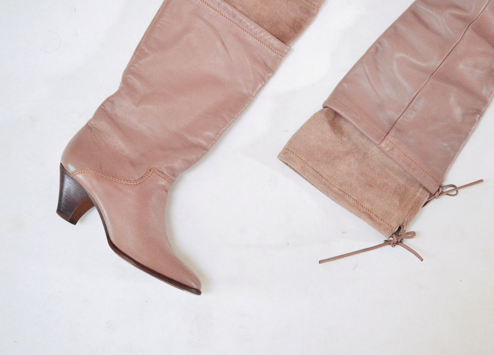 80s Vintage Nude Brown Leather High Heel Boots Size 7 Pointed Toe Boots Slouchy Brazil // Vintage Size 7 Leather Boots 1st Edition Classics