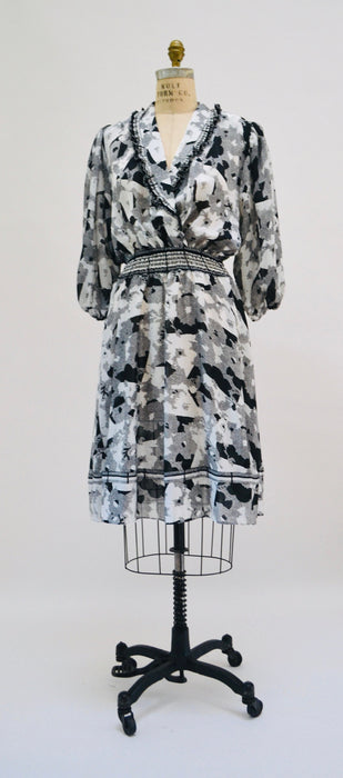 80s Party Ruffle Dress Black White Floral Print Ruffle Peasant Dress Medium Dress Diane Freis inspired 80s 90s Ruffle Summer Party Dress