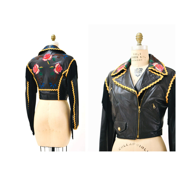 Vintage 90s Black Leather Jacket by Moschino Cheap & Chic with Fringe Red Roses Flowers Small Medium// Black Leather Biker Jacket Fringe
