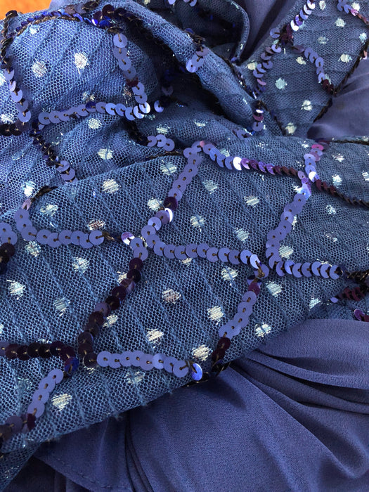 80s Prom Dress Blue 70s Disco Body Con Stretch Knit Dress XS small Metallic Blue Sequin Dress Party Pageant Dress long sleeve Open Back