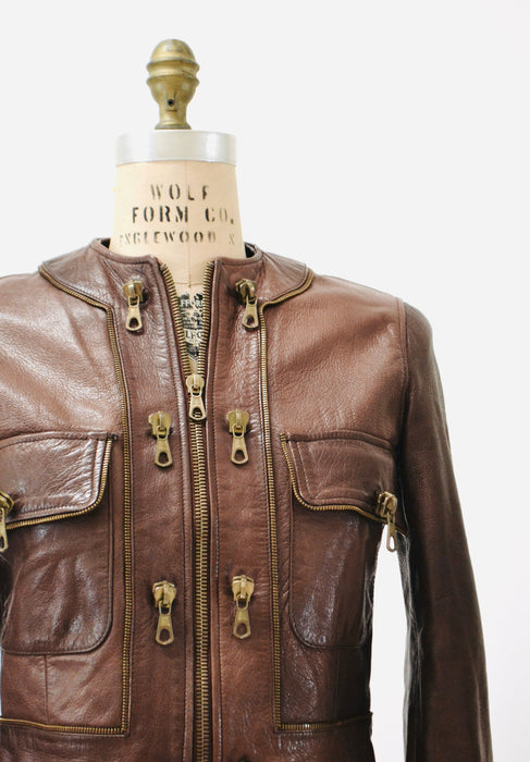 80s 90s Vintage Moschino Brown Leather Jacket With Zipper Trim Cheap and Chic Made in Italy// 80s Browns Leather Jacket Biker Medium Large