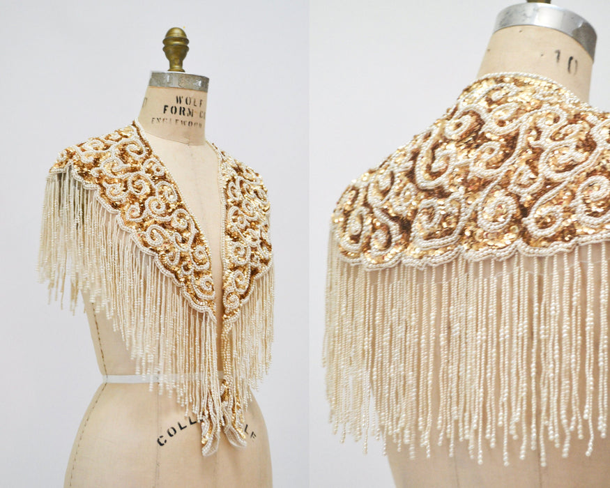 Vintage Gold Pearl White Cream Beaded Sequin Shawl Wrap Burlesque Wedding Flapper Gold Metallic Beaded Wedding Vintage Fringe Collar Shawl