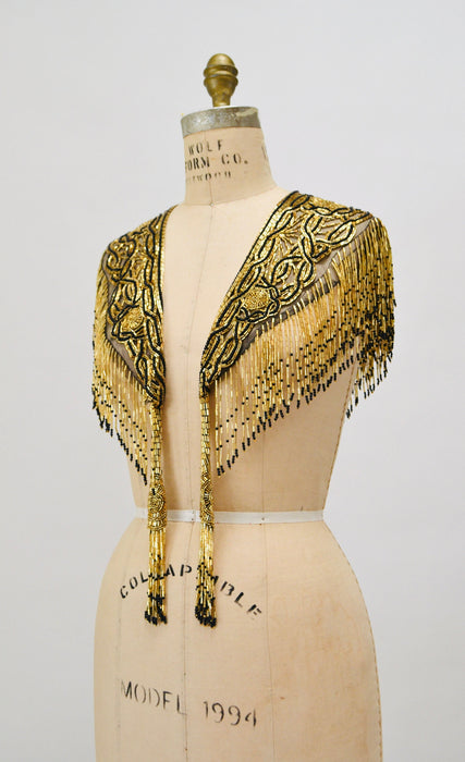 Vintage Gold Beaded Fringe Shawl Wrap Burlesque Wedding Flapper Gold Metallic Beaded Vintage Fringe Collar Shawl Gold Black Wrap Sharmark