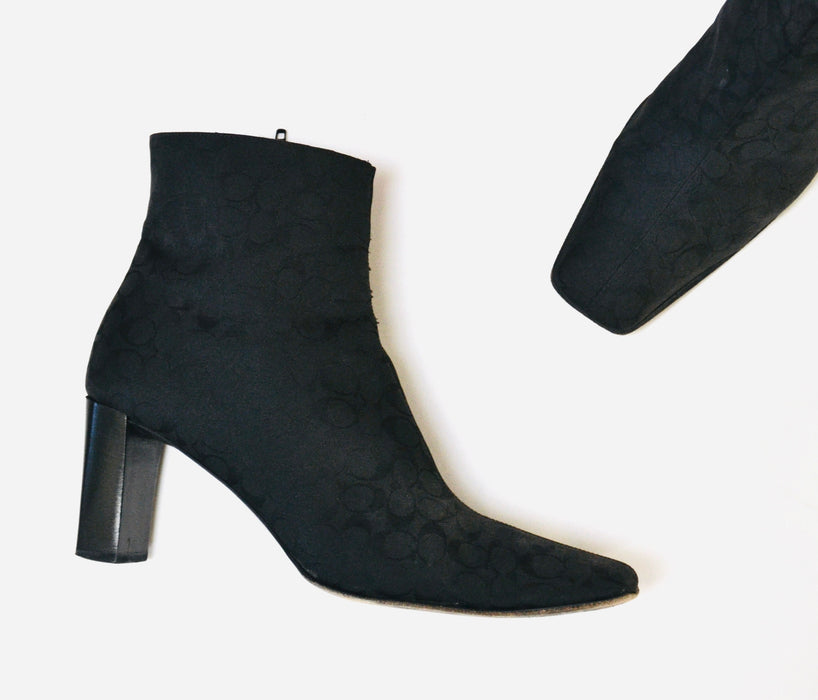 Vintage 90s 00s Y2K Coach Black Boots Size 10 High heels Square Toe Logo Ankle Boots Made In Italy // Vintage Coach Mindy Black Boots 10
