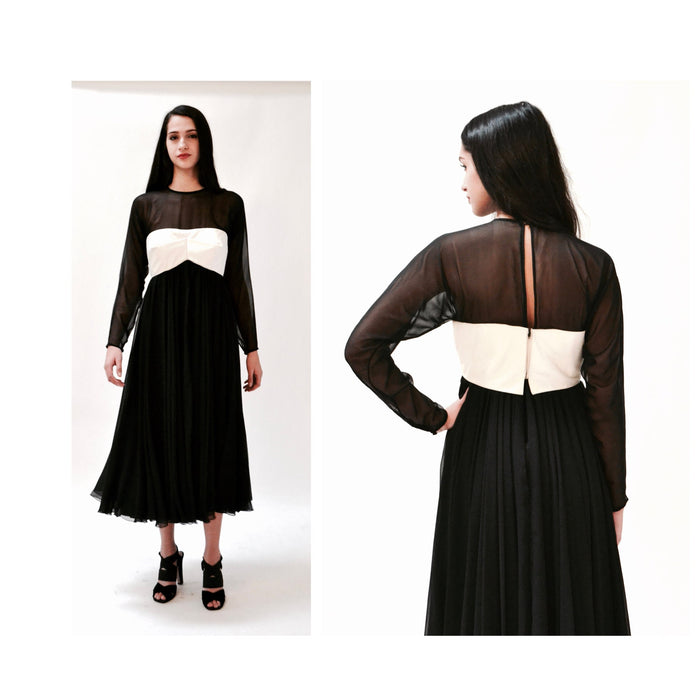 80s 90s Vintage Black white Evening Gown Dress Black White Party Dress Chiffon Long Sleeves Small Medium Empire Waistline Dress