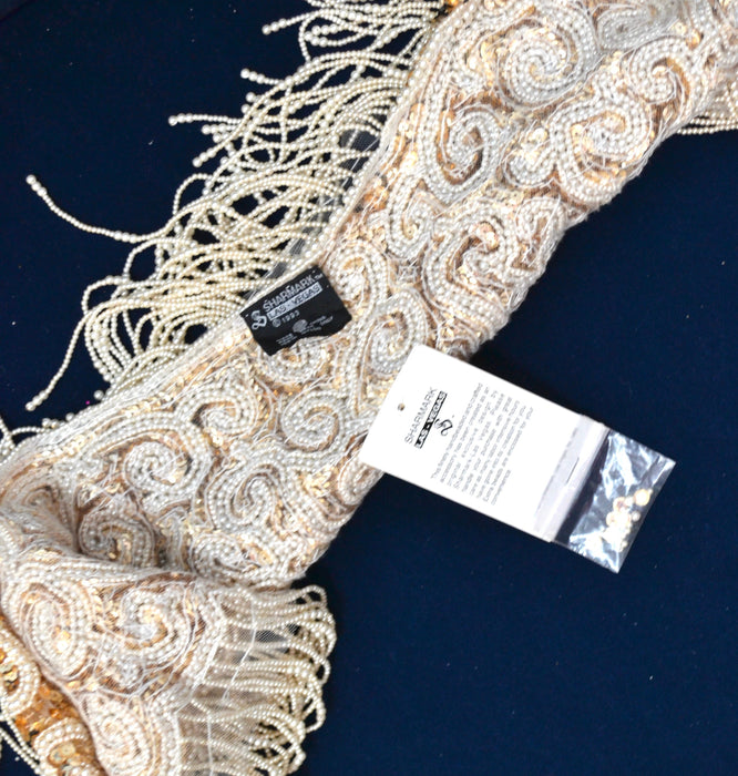 Vintage Gold Pearl White Cream Beaded Sequin Shawl Wrap Burlesque Wedding Flapper Gold Metallic Beaded Wedding Vintage Fringe Collar Shawl