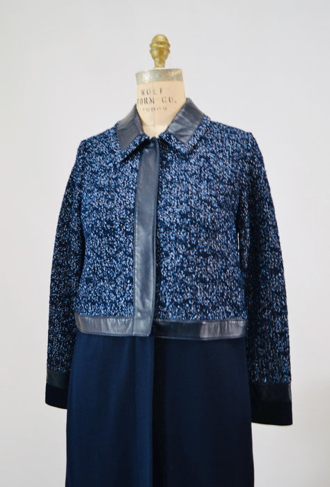 Vintage St. John Couture Navy Blue Jacket Blue Boucle Jacket Leather Size 4 Blue  Jacket St John Navy Blue Convertible Leather Wool Jacket