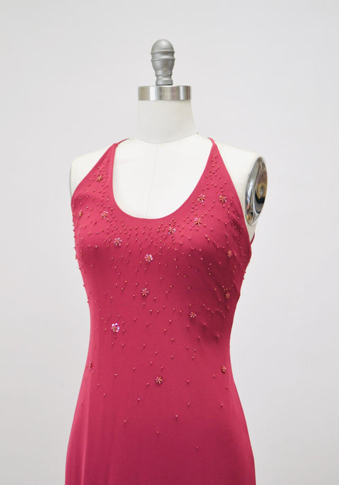Vintage 00s Y2K Pink Tank Dress Prom Dress Beaded Pink Knit Gown Cami Dress XS Small Pink Long Beaded Dress by Laundry Evening Gown Xs Small