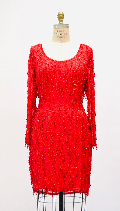 90s Vintage Red Sequin Beaded Fringe Dress Medium Black Tie Oleg Cassini// Vintage Red showgirl Dress Beaded Fringe Dress Medium Large