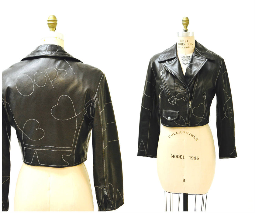 Vintage Black Leather Motorcycle Jacket by Moschino Leather Oops Heart Made in Italy// 90s Black Leather Jacket Biker Medium Large