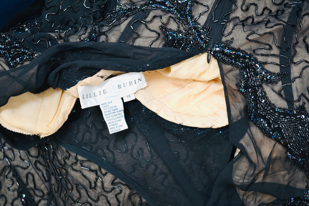 90s Vintage Black Beaded Sequin Party Dress Medium Large// 80s 90s Pageant Formal Black beaded Dress long sleeves Large Silk LIllie Rubin