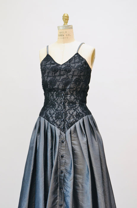 Vintage 80s 90s Black Grey lace Crinoline Skirt and Top Small Medium 80s Prom Madonna Dress// 80s Grey Taffeta Lace Party Dress Skirt Top