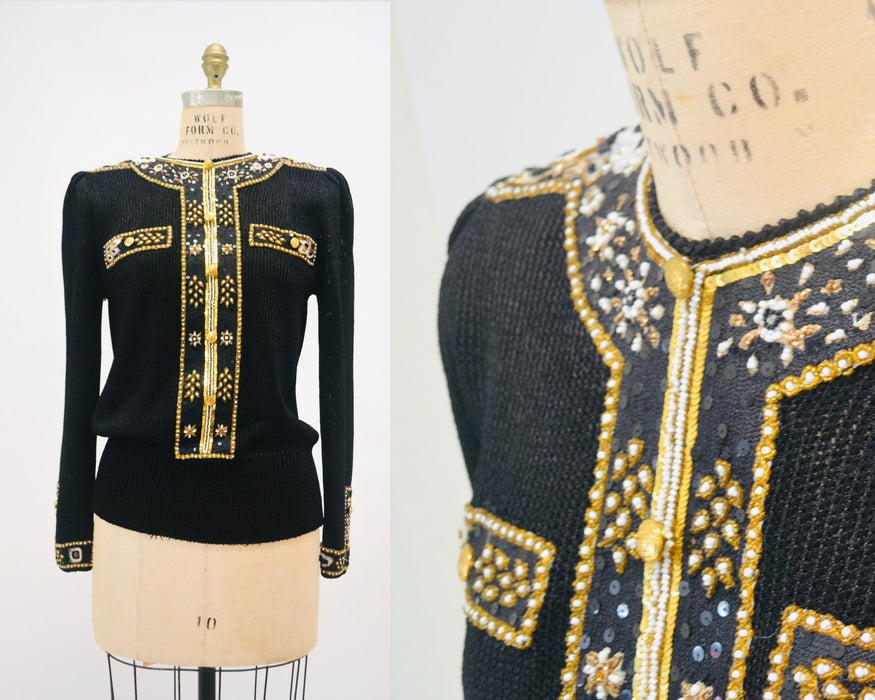 80s 90s Glam Vintage Black Gold Beaded Sequin Sweater Small Medium By Elizabeth New York Black Gold Metallic Beaded Sequin Pull Over Jumper
