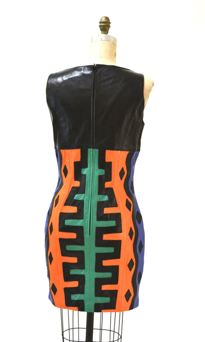 Vintage Leather Dress Black Medium Large Pop Art tribal by Michael Hoban North Beach// 90s Vintage Leather Dress medium Large Patchwork