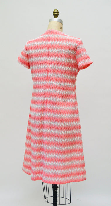 70s Pink Knit Dress Large 70s Pink White Knit Short Sleeve Dress Pink Crochet 70s Summer Knit Dress 70s Pink White Party Dress Sheer Knit