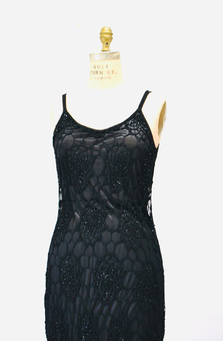 90s 00s Y2k Vintage Black Crochet Dress Black Beaded Knit Long Maxi Dress Dress Large 00s Black Crochet Slip Tank Dress Beach Party