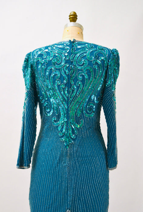 80s 90s Vintage  Blue Green Sequin Beaded Dress Flapper Inspired Cocktail  Dress Small in Teal Blue Long Sleeve 80s 90s Party Pageant Dress