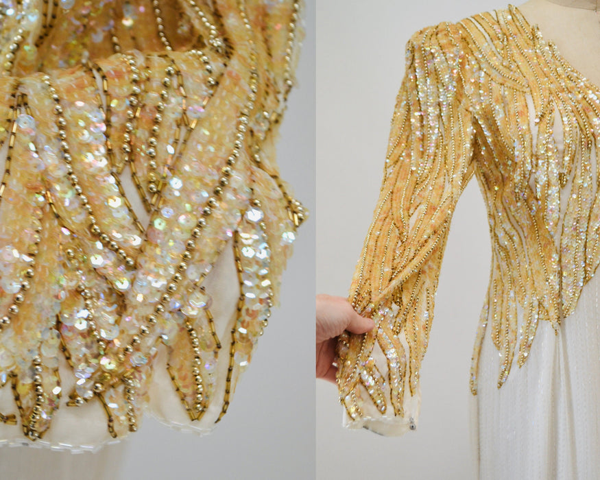 80s 90s Vintage Cream Sequin Beaded Gown Dress Medium Pageant Dress// 80s Vintage Wedding Gown Cream White Beaded Long Dress Sleeve Gown