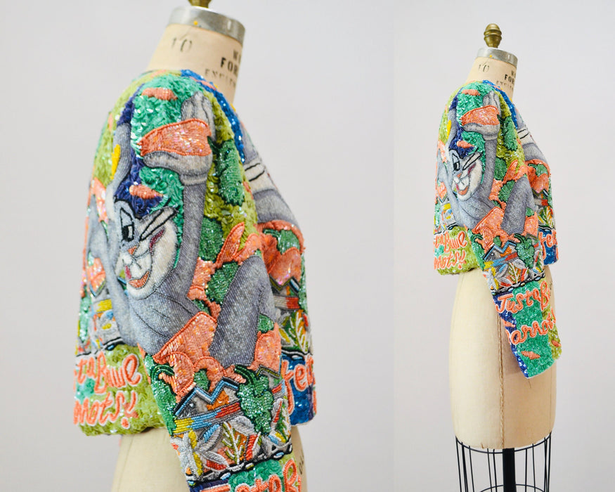 90s Vintage Jeanette Kastenberg Platinum Sequin Jacket Looney Tunes Bugs Bunny Warner Brothers Cartoon Comic Carrot Vegetarian Beaded Jacket