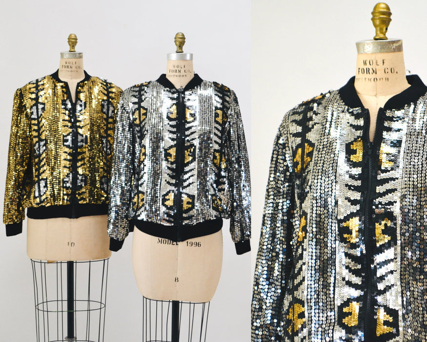 Vintage 80s 90s Silver Sequin Party Bomber Jacket Metallic Jacket Medium large// Vintage 80s 90s Party Metallic Silver Gold Sequin Jacket