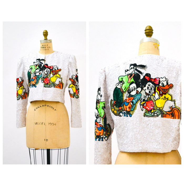 Vintage Jeanette Kastenberg Platinum Beaded Jacket Disney Mickey Minnie Mouse Donald Duck Beaded Bolero Jacket Comic Cartoon Small Medium