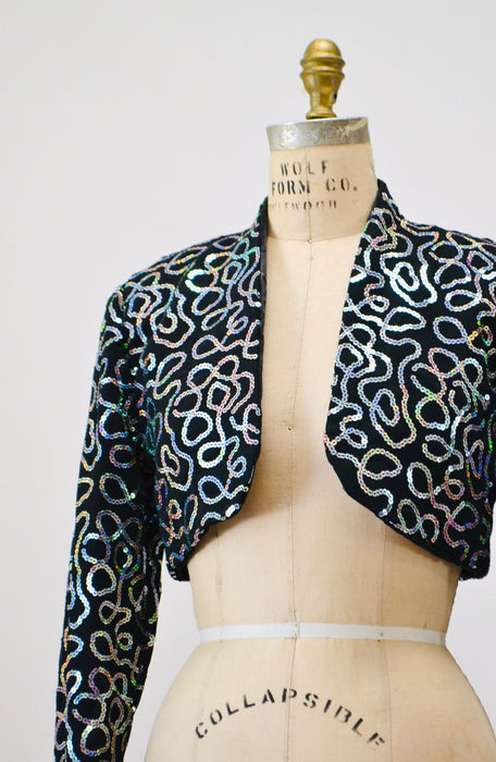 80s 90s Vintage Black Sequin Jacket Metallic Hologram Sequin Jacket XS Small// Black Cropped Sequin Bolero Silver Hologram Sequin jacket
