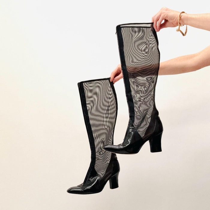 1970s 80s Vintage Knee High Boots Size 38 7  7 1/2 Ombeline Maud Frizon Black Mesh and Leather Boots High Heel Knee High Black Leather Boots