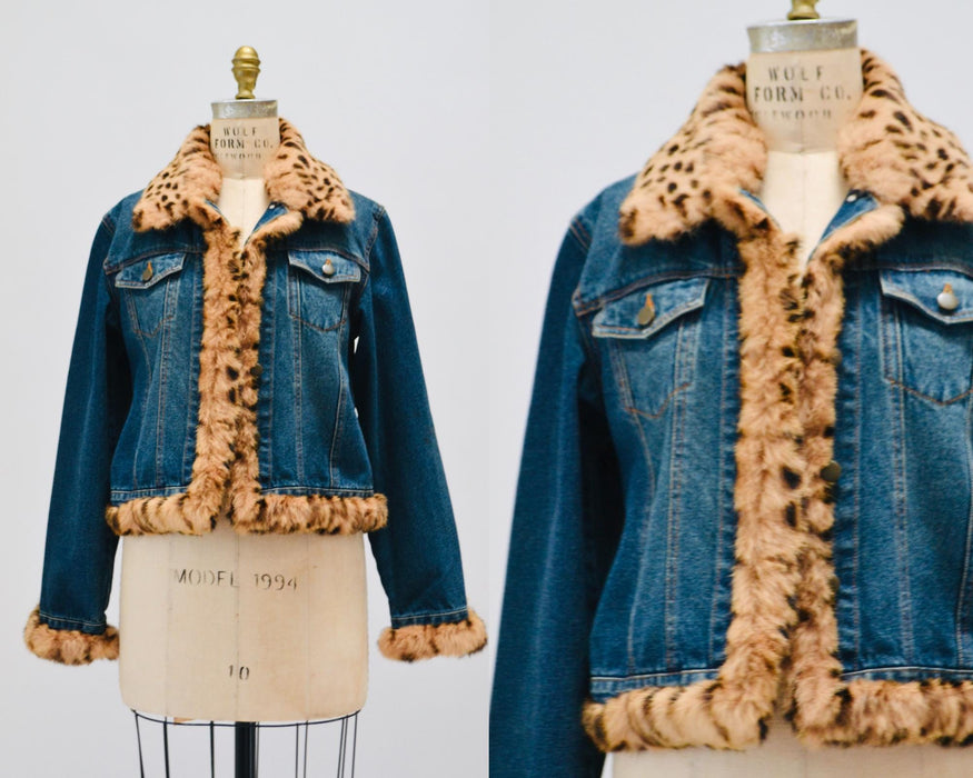 90s y2k Vintage Fur Trim Denim Jacket Leopard Print Fur Collar Jean Jacket 90s Y2k Jean Jacket Animal Leopard Print Fur Denim Jacket Medium